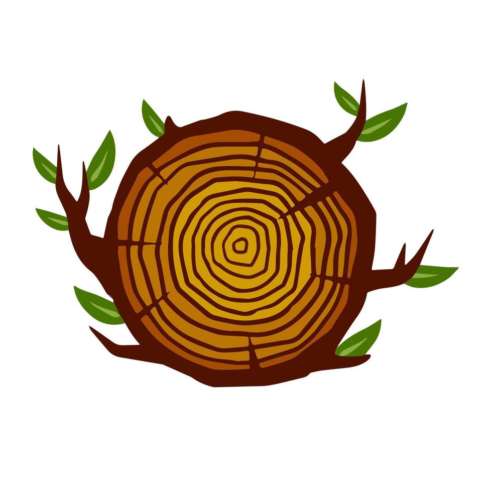 Cut tree trunk. Stump cross section. Concentric circular pattern on brown wood. Logger and Woodworking Industry Icon. Branch with leaves vector
