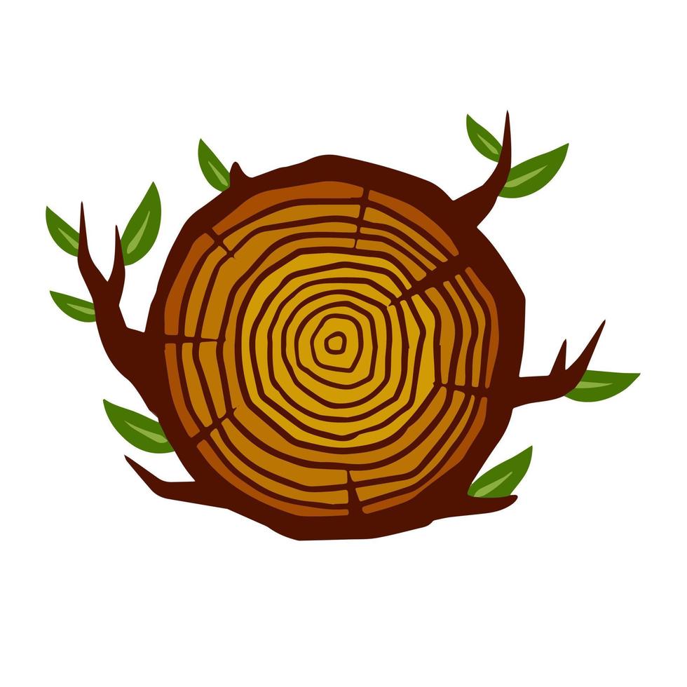 tronco de árbol cortado. sección transversal del tocón. patrón circular concéntrico en madera marrón. maderero e icono de la industria de la carpintería. rama con hojas vector