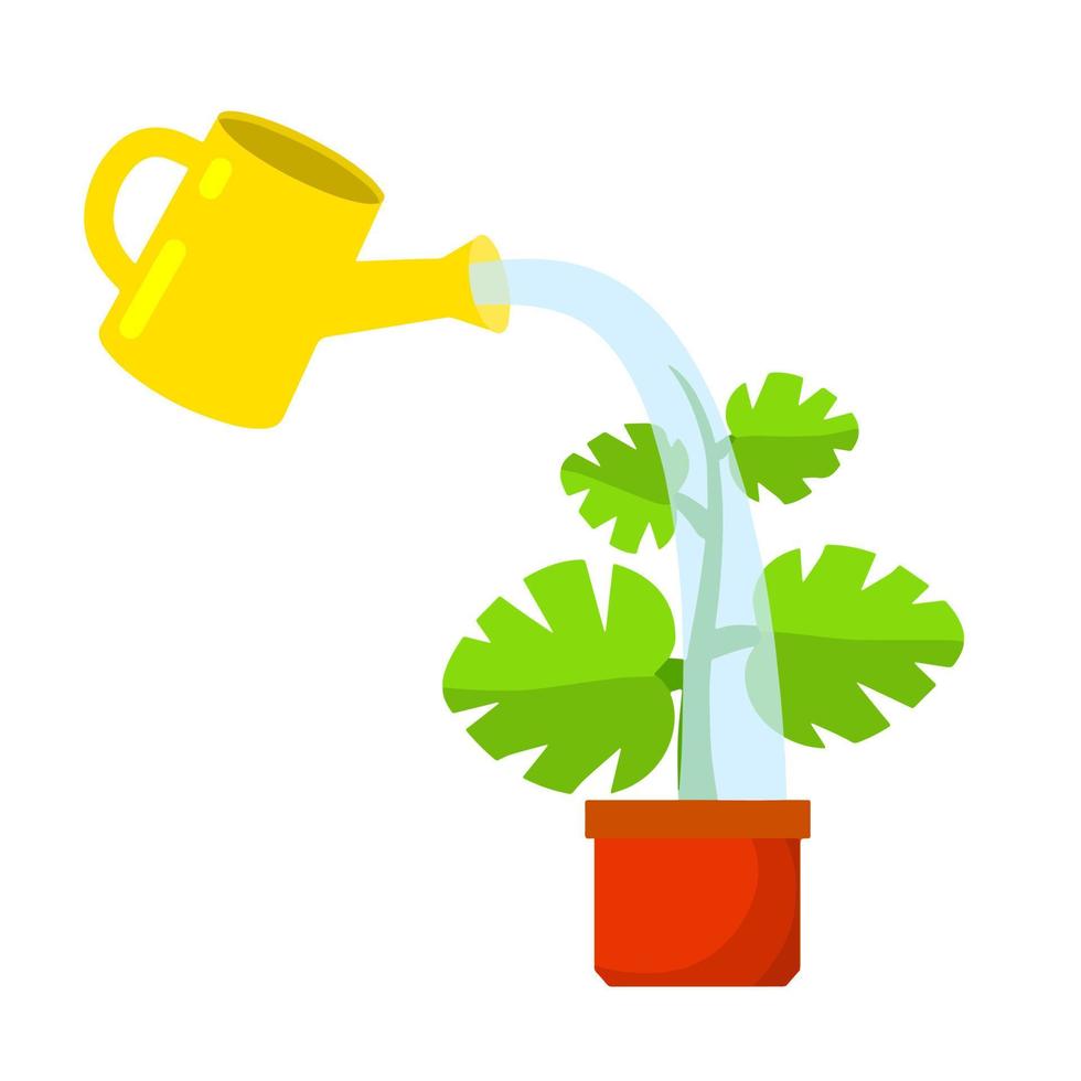 Care for house plant. Yellow watering can with water. Pot with flower and green leaves. Growth and development. Gardening and Hobbies. Flat cartoon isolated on white vector