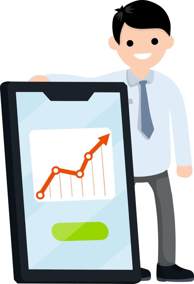 Businessman and big mobile phone. Man in suit. Happy office worker. Modern technology. Cartoon flat illustration. Red arrow business chart of successful growth. vector