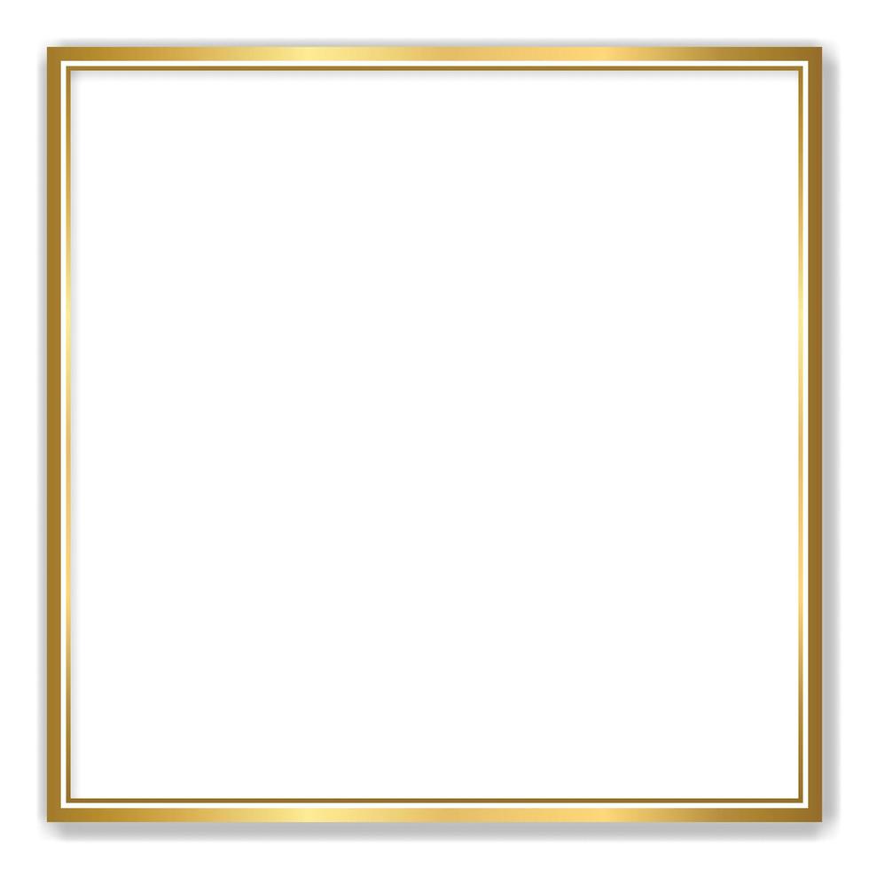 Gold shiny glowing vintage frame with shadows isolated transparent background. Golden luxury realistic rectangle border. Vector illustration