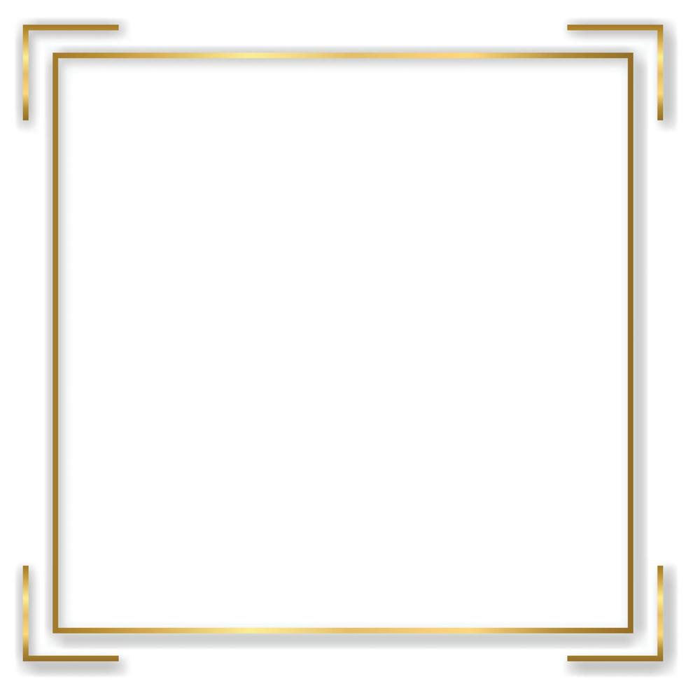 Gold shiny glowing vintage frame with shadows isolated transparent background. Golden luxury realistic rectangle border. Vector illustration