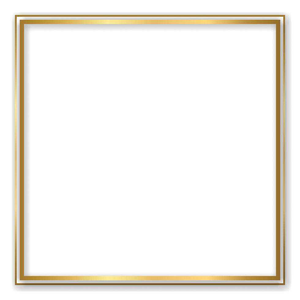 Gold shiny glowing vintage frame with shadows isolated transparent background. Golden luxury realistic rectangle border. Vector illustration