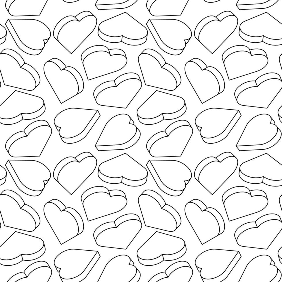 Vector monochrome background with isometric hearts. Seamless linear pattern with geometric hearts. Simple backdrop.