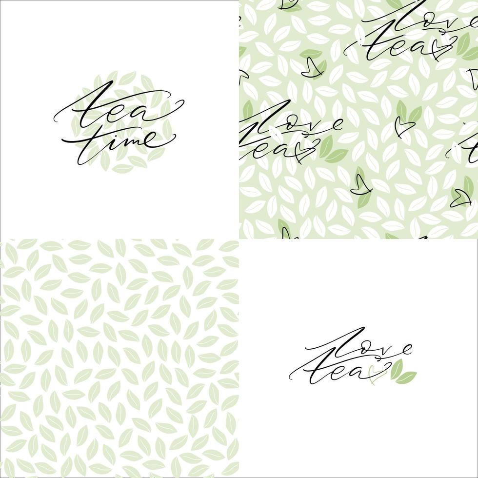 Vector seamless patterns with green leaves and tea theme calligraphy cards set. Tea time and Love tea words by hand. Designs for posters, marketing materials, cards, packages.