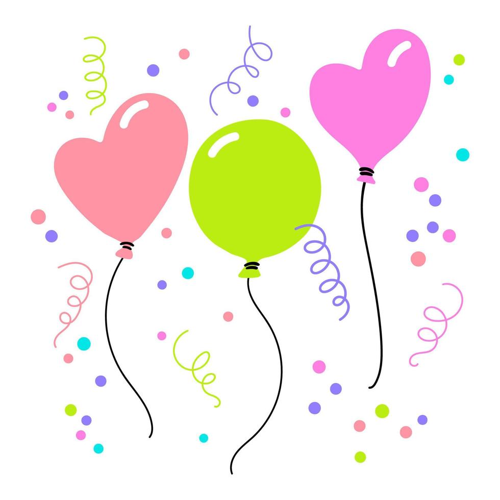 Three flying balloons set. Vector hand drawn illustration. Heart and round ballons with confetti and curve ribbons around.