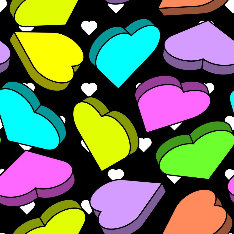 Vector background with isometric hearts. Seamless pattern with geometric hearts bright colors. Design for greeting cards, holiday backgrounds, wrapping paper, banners, headers.