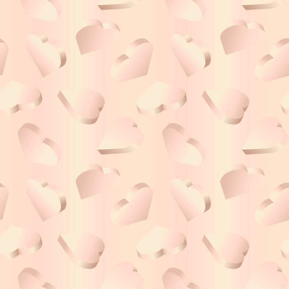 Vector background with 3d hearts. Seamless pattern with isometric hearts with rose gold colors gradient. Design for greeting card, holiday background, banner.