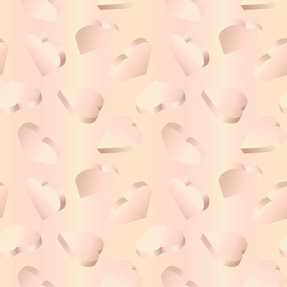 Vector background with 3d hearts. Seamless pattern with isometric hearts with rose gold colors gradient. Design for greeting card, holiday background, banner.