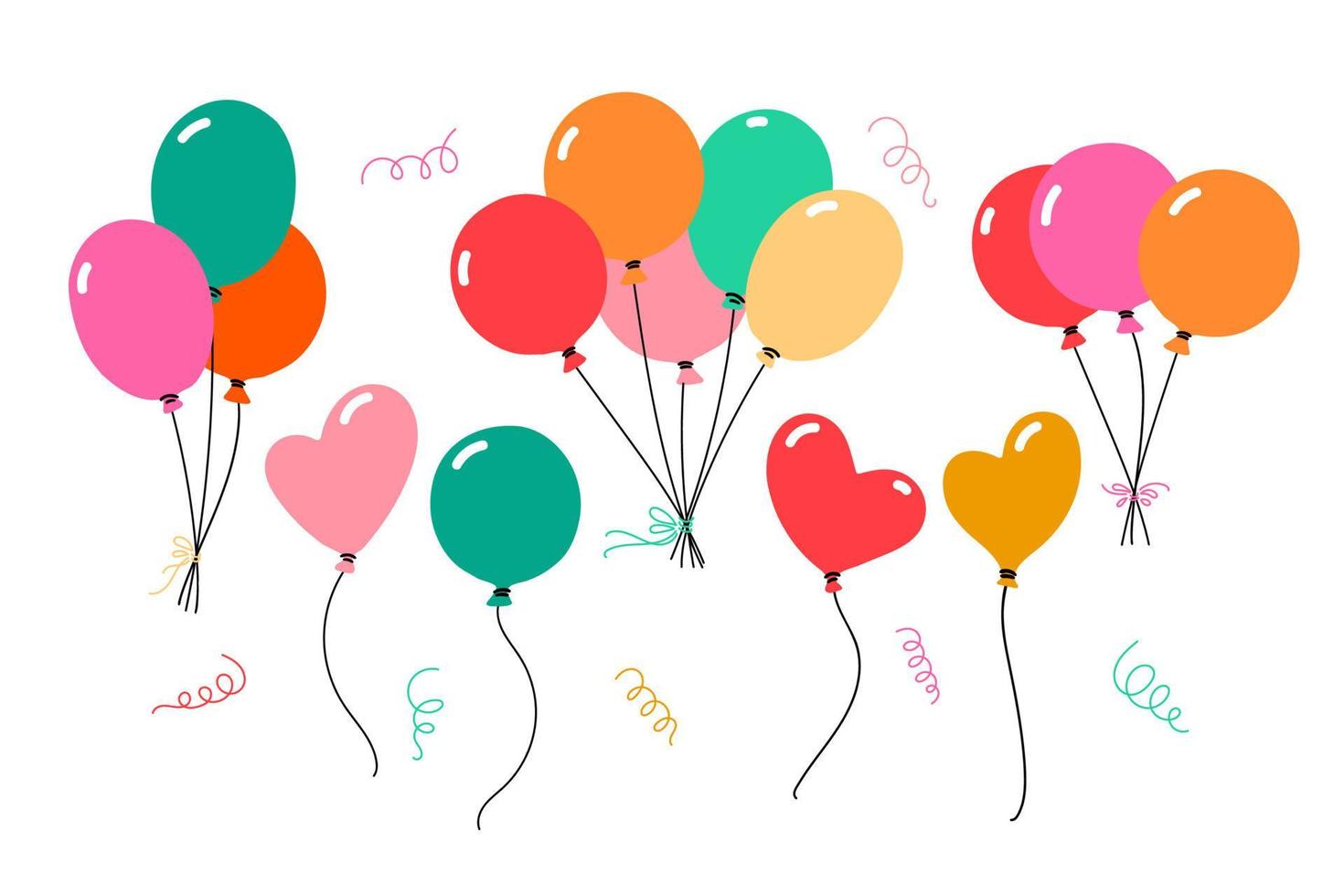 conjunto de racimos de globos. ilustración vectorial dibujada a mano. varios globos de colores redondos y en forma de corazón en grupos y por separado. vector