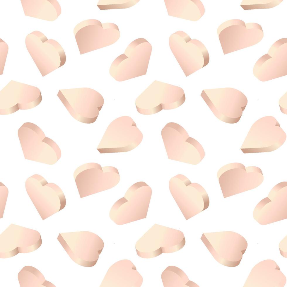 Vector background with 3d hearts. Seamless pattern with isometric rose gold color hearts. Design for greeting card, holiday background, banner.