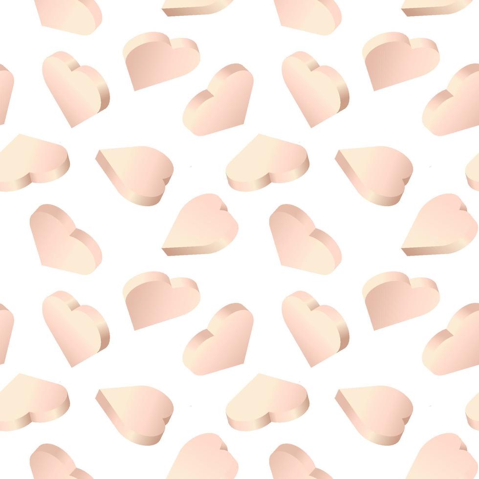 Vector background with 3d hearts. Seamless pattern with isometric rose gold color hearts. Design for greeting card, holiday background, banner.