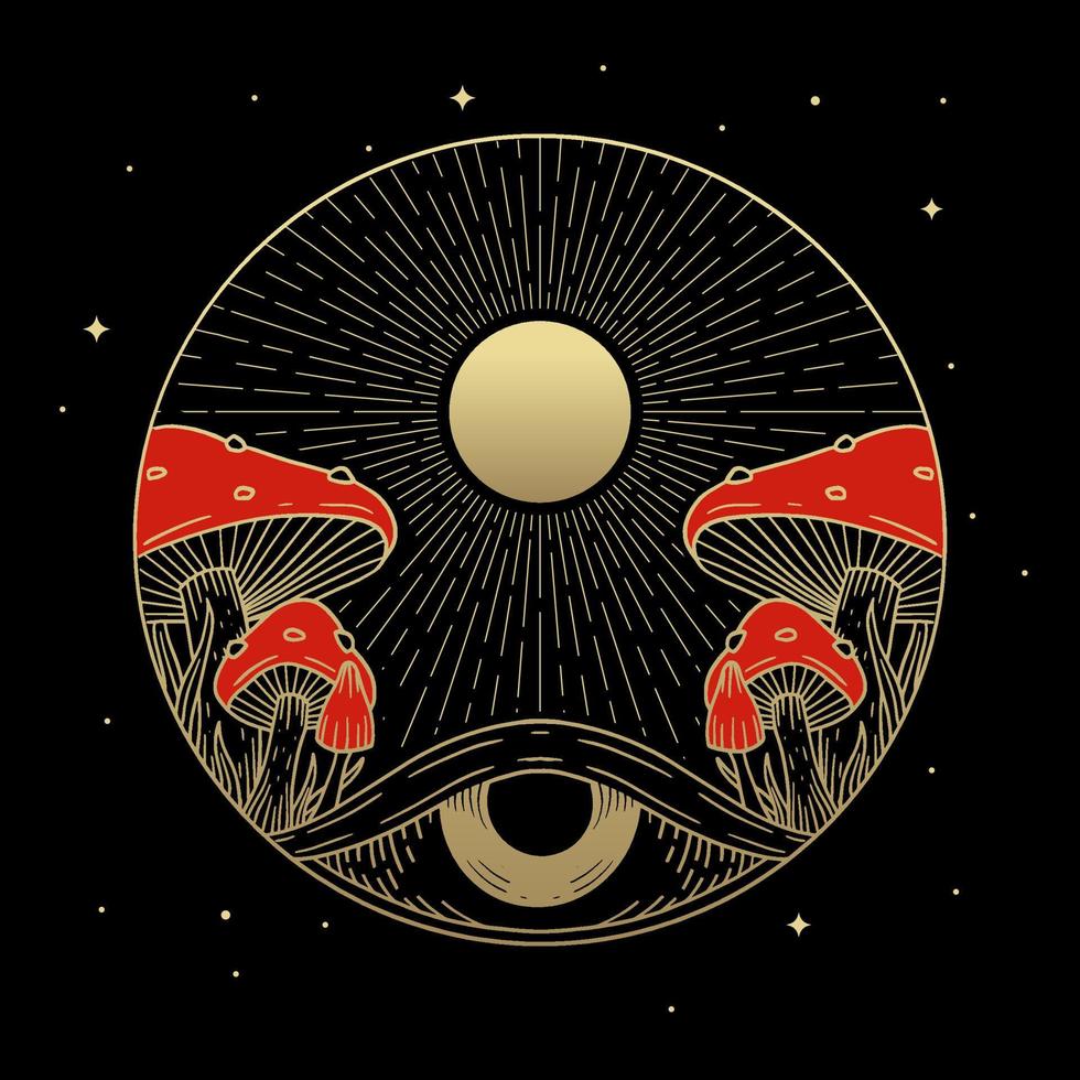 Mushroom, the shining moon and one eye in the dark night vector
