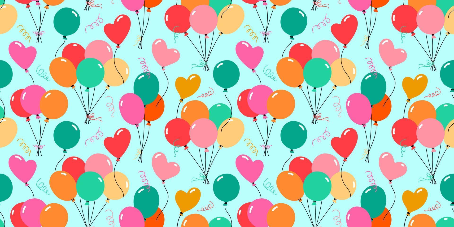 Hand drawn festive balloons seamless pattern. Celebration surface pattern with round and heart balloons and confetti. vector