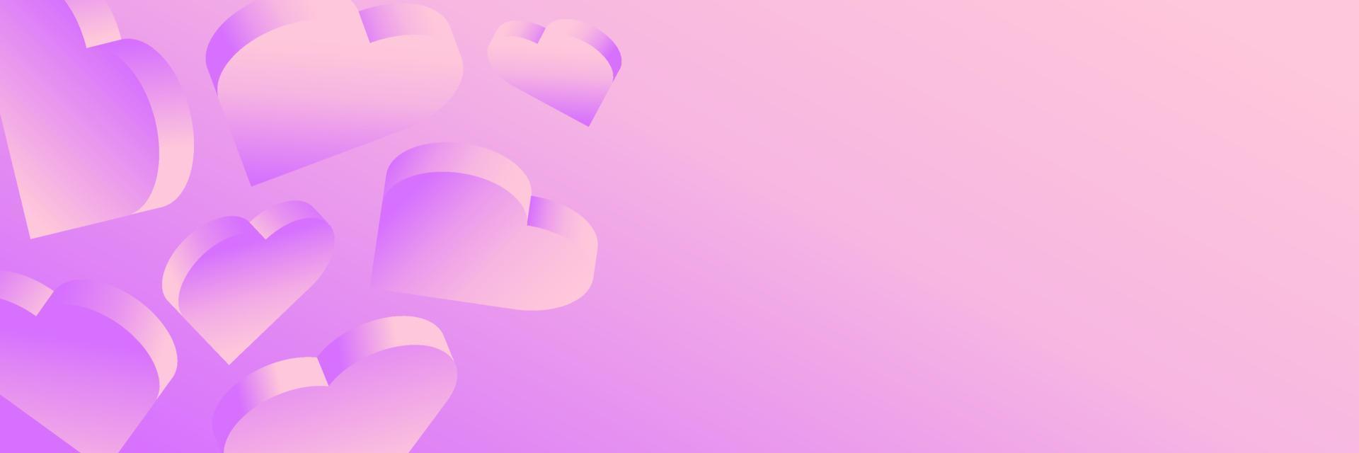 Horizontal banner with 3D isometric pink hearts. Place for text. Happy Valentine's day marketing template with pink gradient. vector