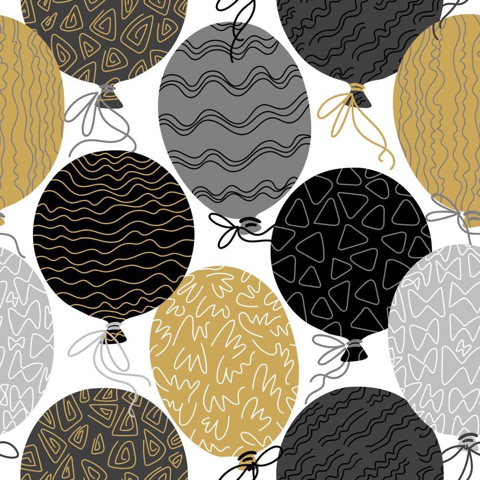 Vector seamless pattern with hand drawn ornamental balloons. Hand drawn surface pattern. Happy birthday background in golden and monochrome palette.