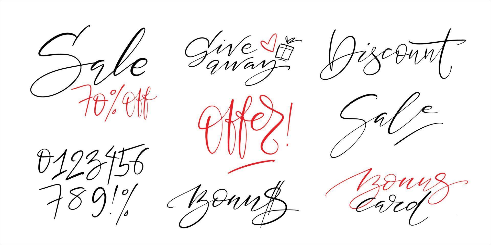 Vector illustration, calligraphic thin script words for sale, discounts, promotions, giveaway. Lettering for poster, banner, flyer. Store advertising word set.