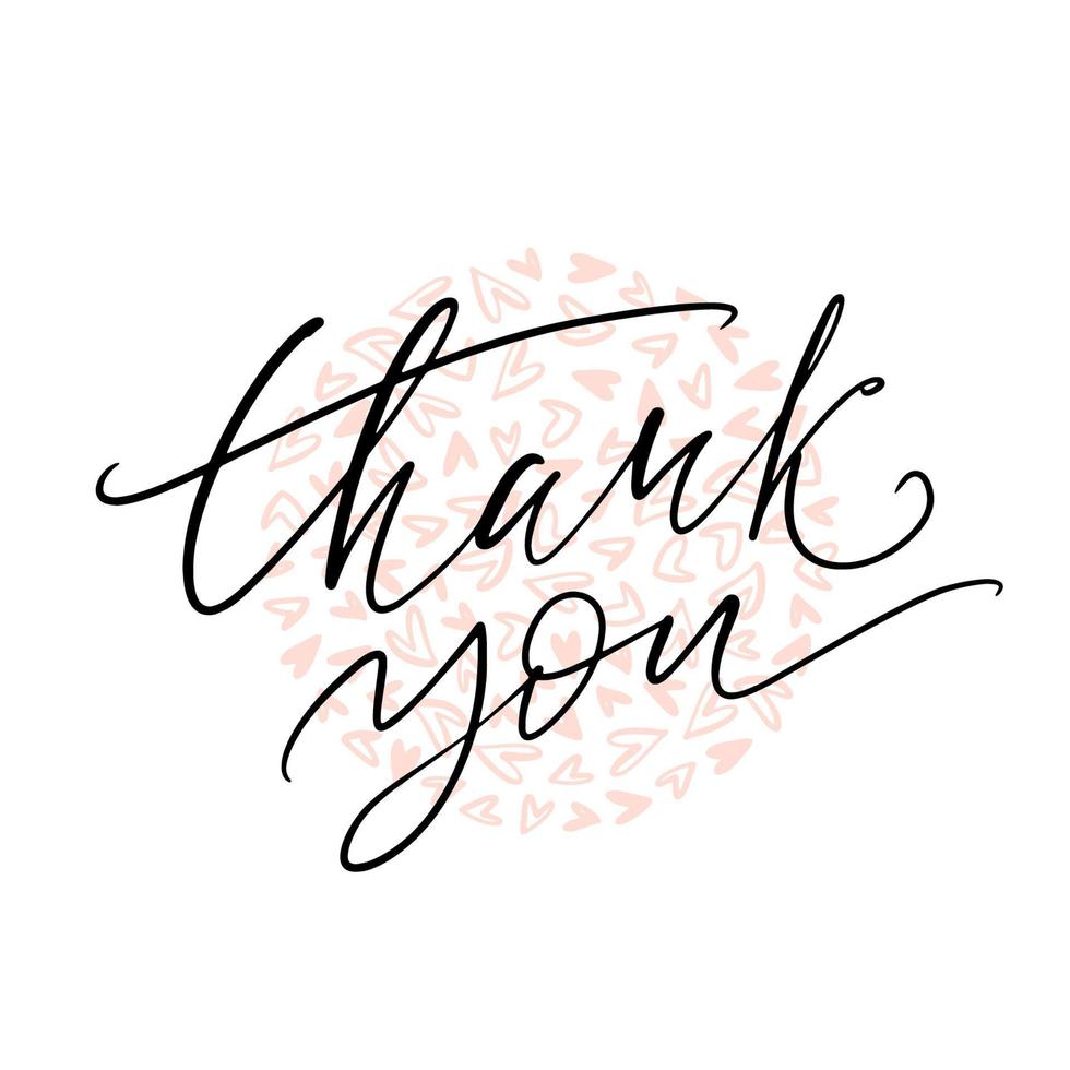 Thank you hand written words on tiny hearts fill round backdrop. Elegant thin calligraphy square card. vector