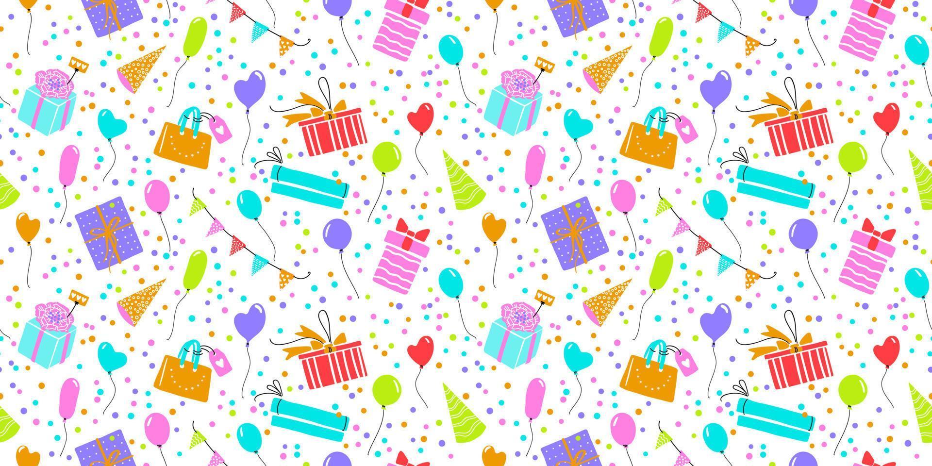 Celebration vector seamless pattern with gift boxes, confetti, balloons. Colorful simple happy birthday repeatable background.