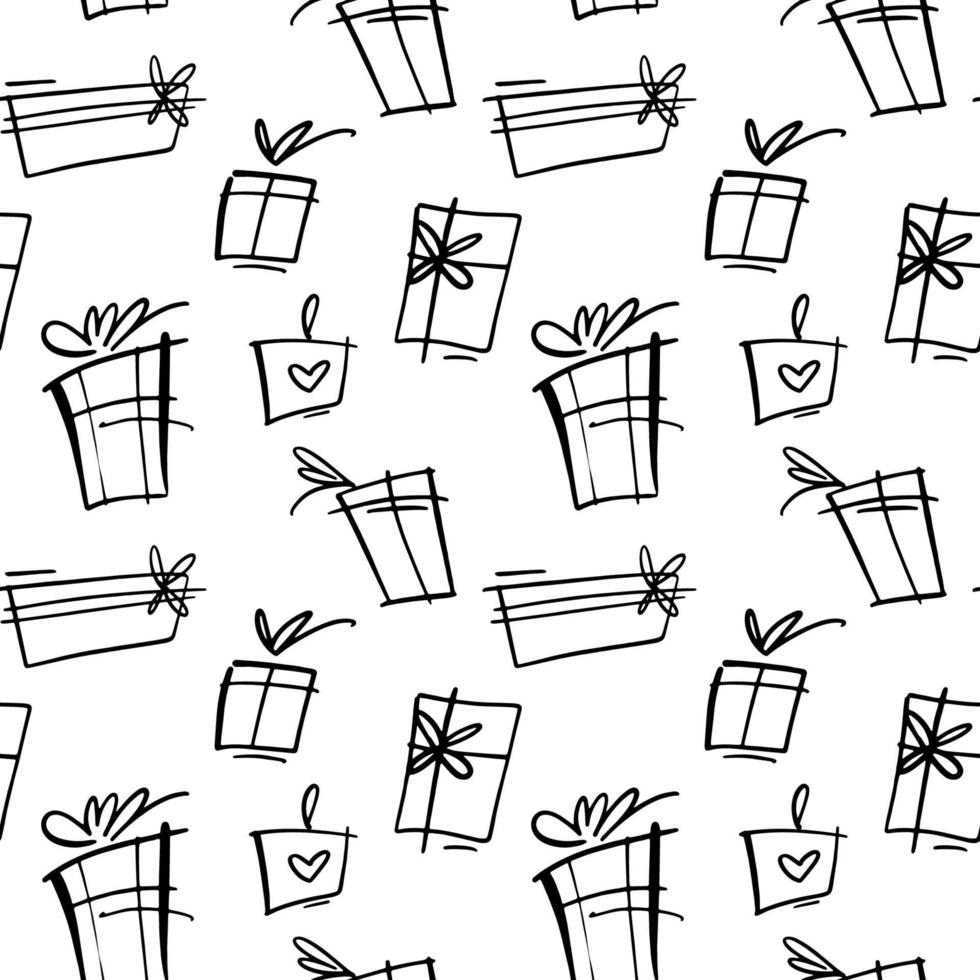 patrón vectorial transparente con cajas de regalo dibujadas a mano con lazos, corazones y cintas. esbozar un diseño repetible para envolver papel, papel tapiz, fondos, materiales de saludo, promociones y pancartas. vector