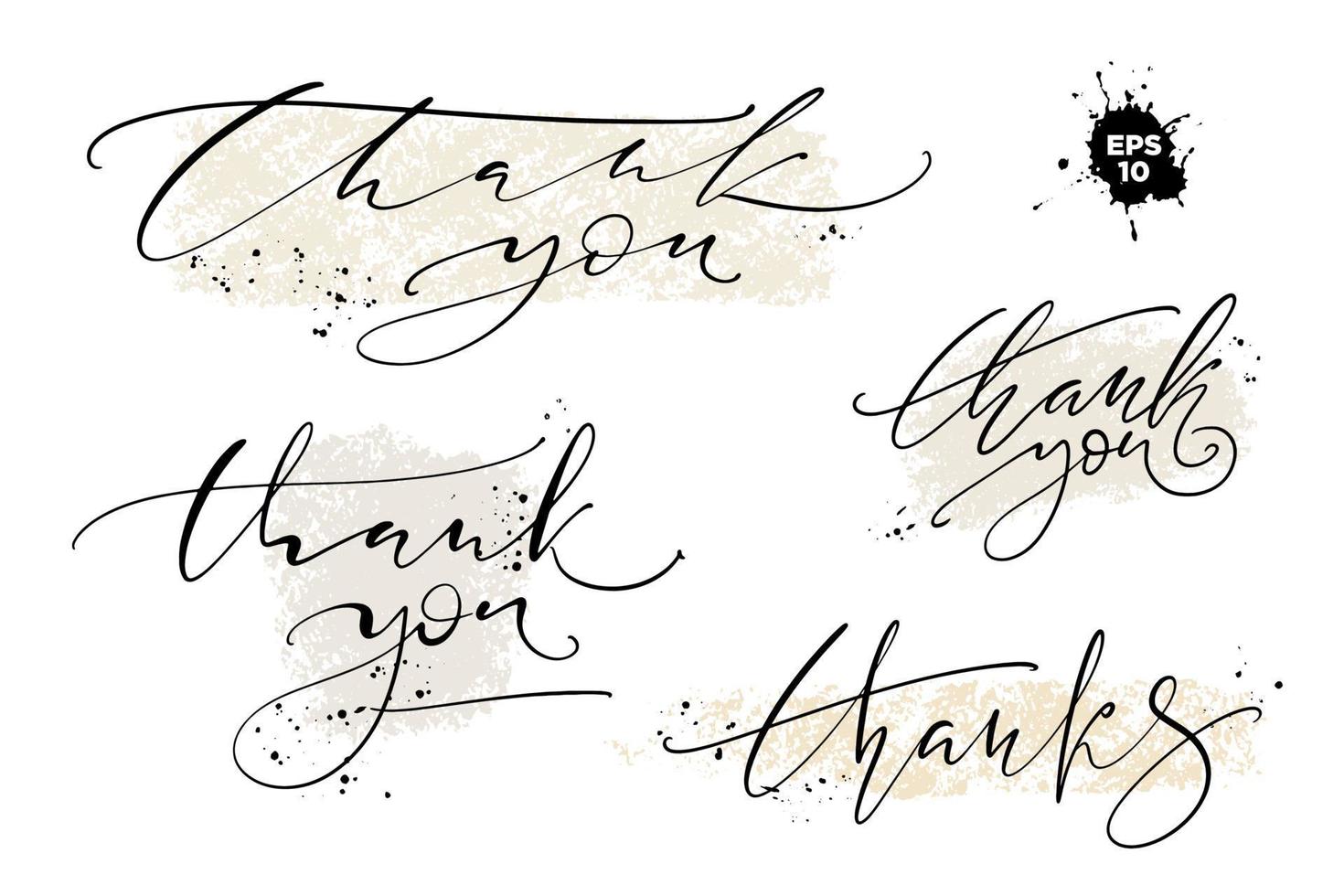 Set of custom THANK YOU hand lettering. Vector illustration with testured backgrounds and ink splashes.