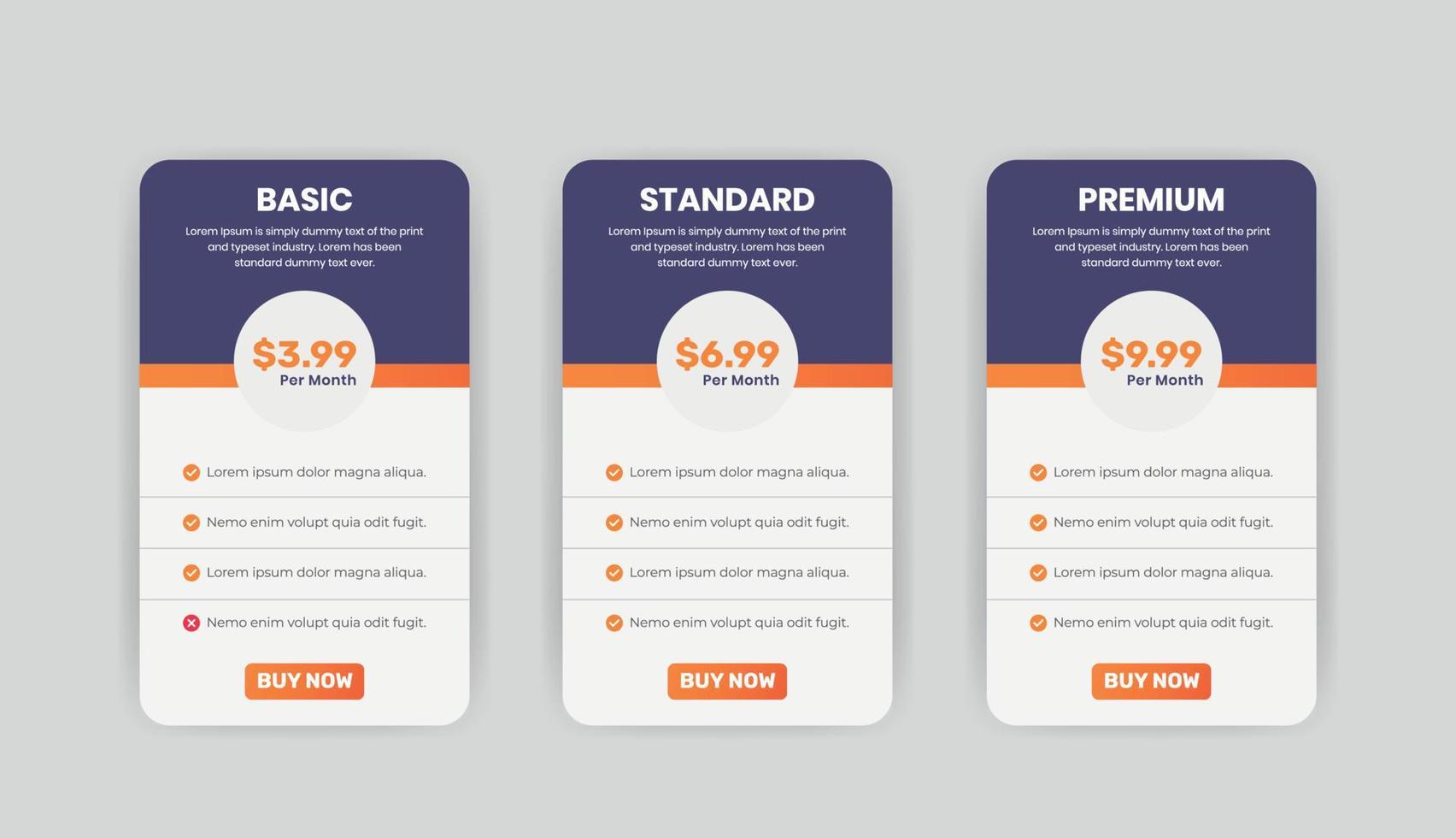 Pricing plan list comparison banners infographic template vector
