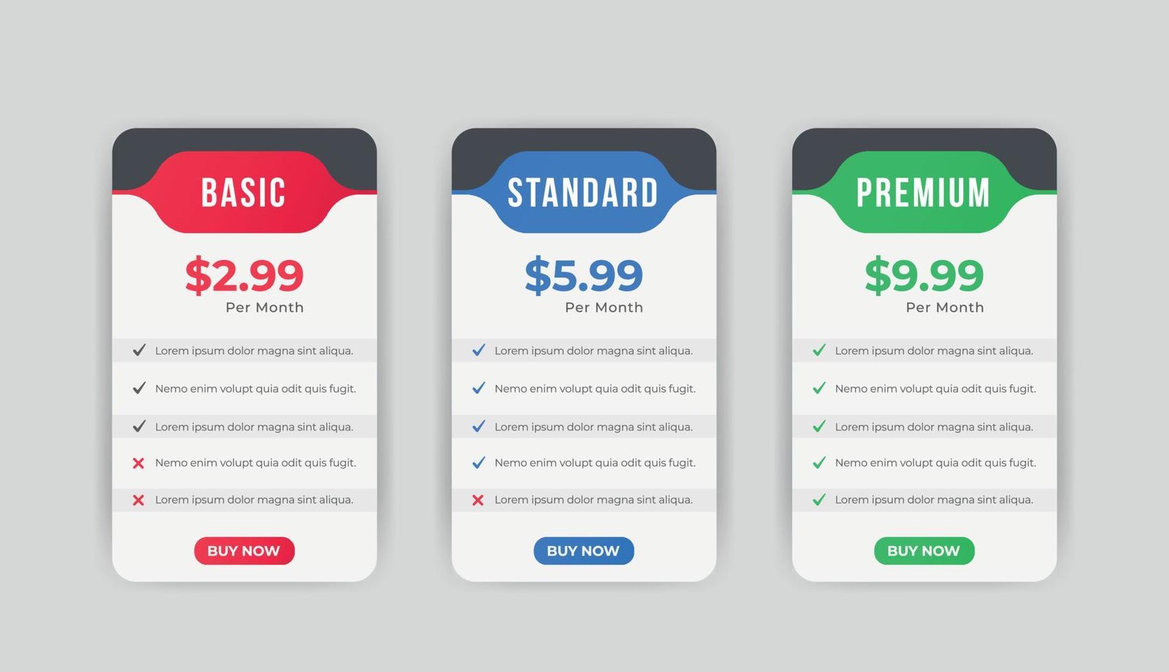 Pricing tables plan Comparison chart infographic design template vector