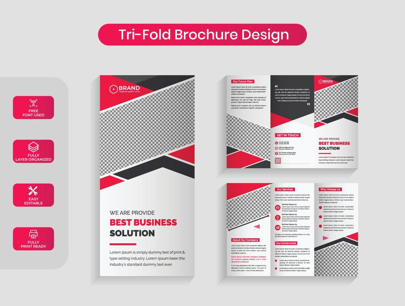 Red color corporate business trifold brochure design vector