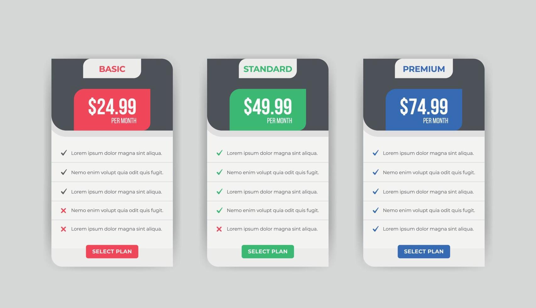 Comparison Pricing tables plan chart design template vector