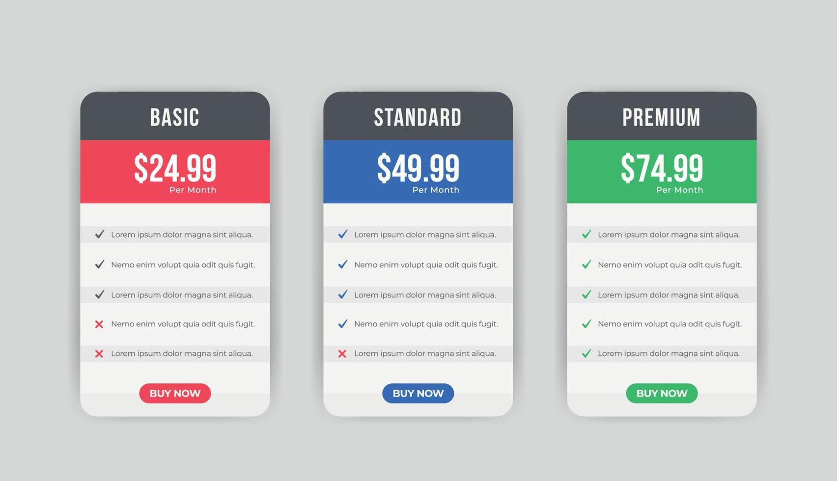 Plantilla de diseño de comparación de planes de tablas de precios modernas y limpias vector