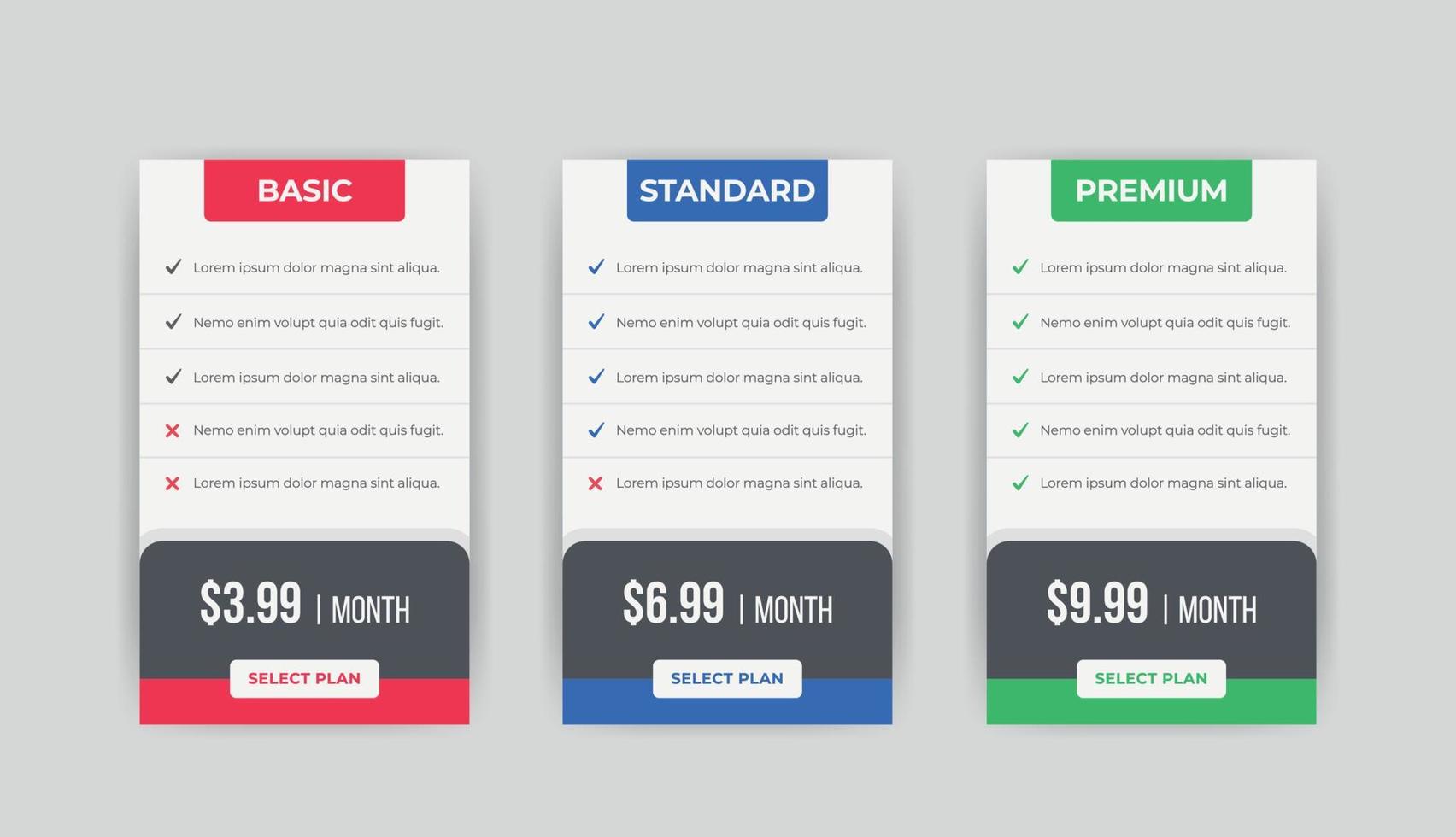 Pricing plan chart list comparison infographic Banner template vector
