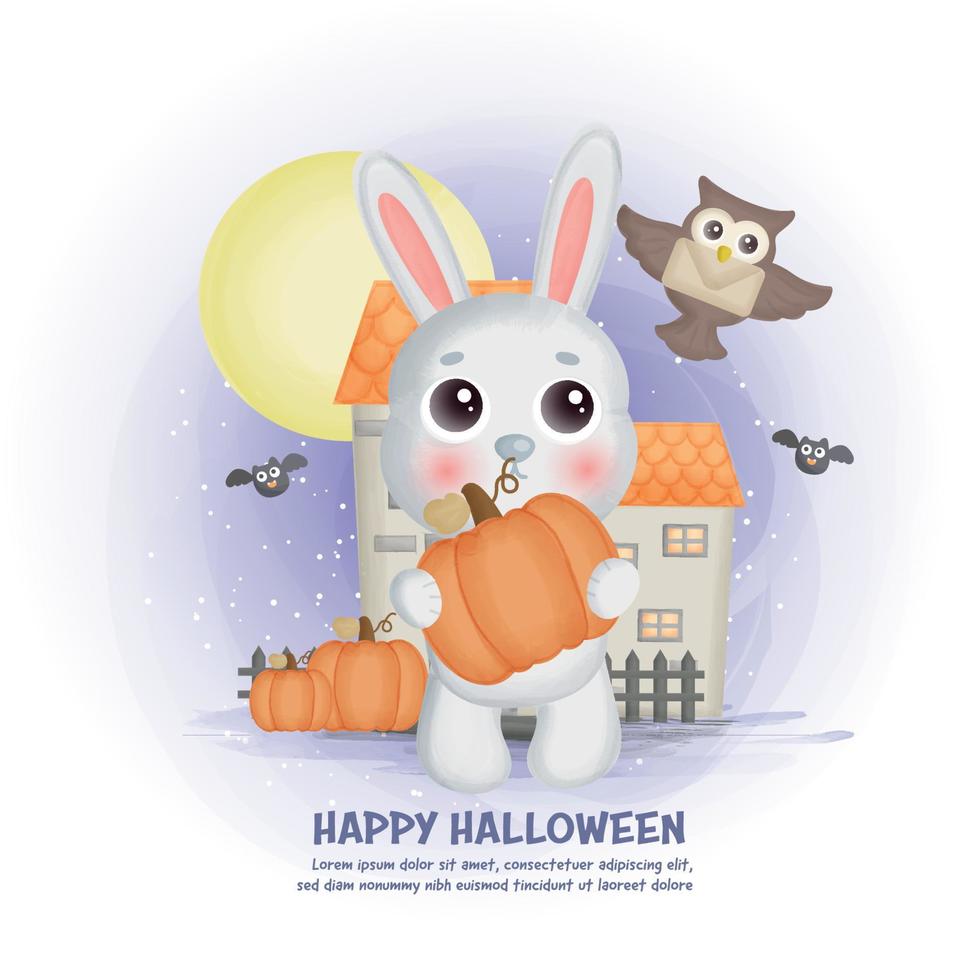 Halloween haunted house background with a rabbit. vector