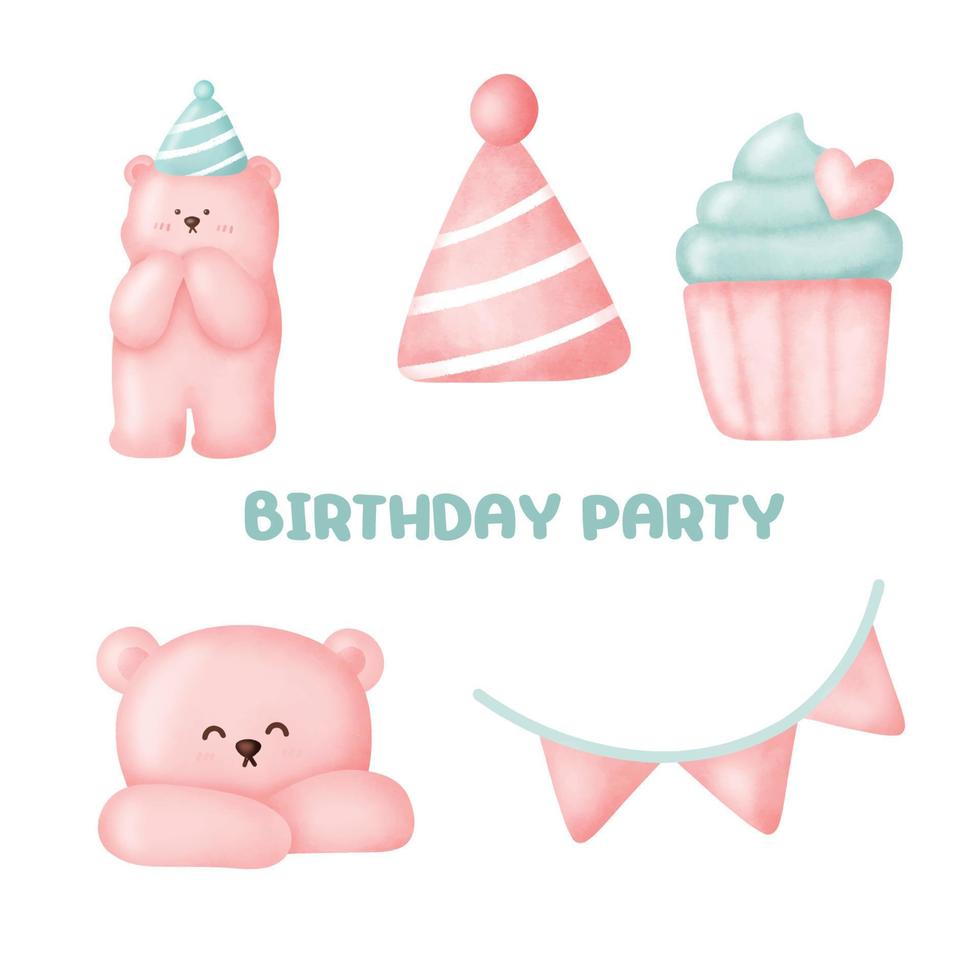 Watercolor Happy Birthday Party for greeting card. vector