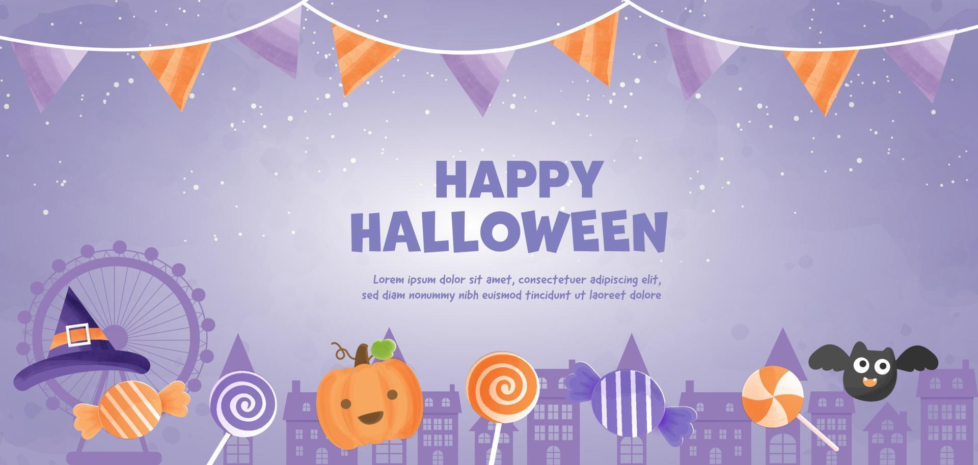 HHappy Halloween banner with cute witch and candys  in water color style. vector