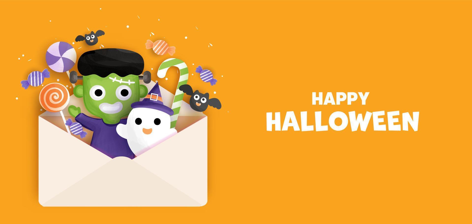 Happy Halloween background with cute  Frankenstein. . vector