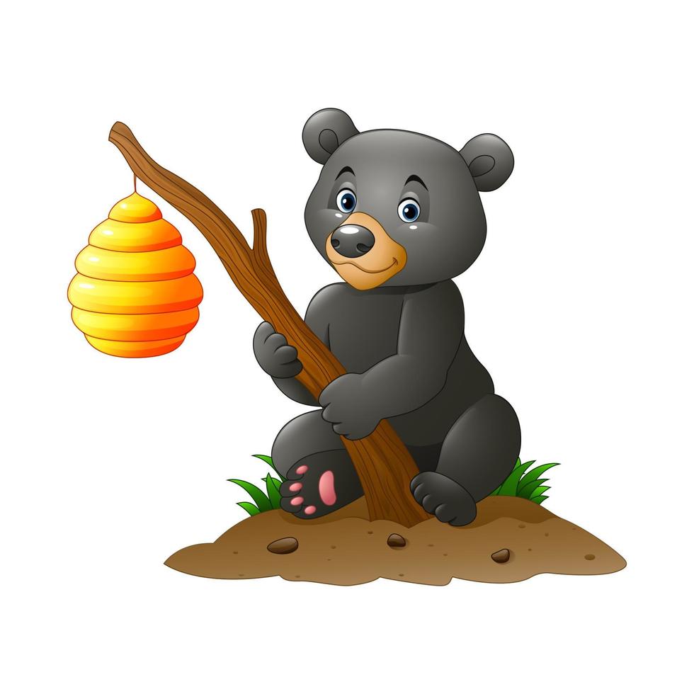 Cartoon bear holding branch with bee hive vector