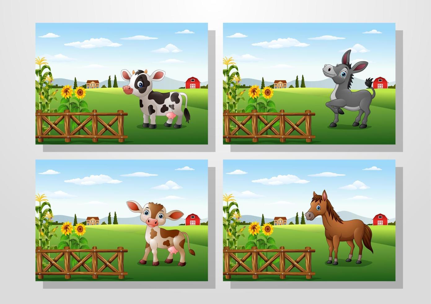 Cartoon happy animal with farm background collections set vector
