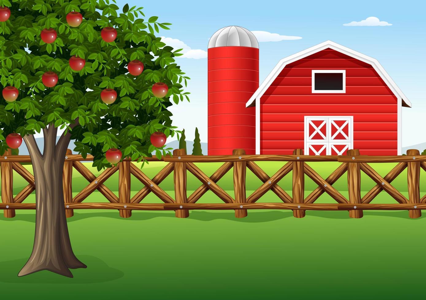 ilustración manzano en la granja vector