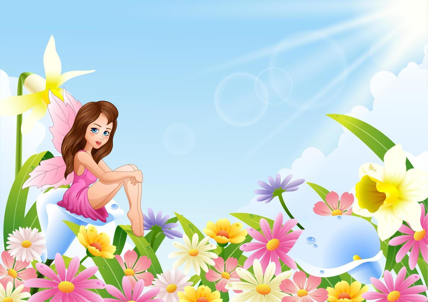 Cute fairy flying on flower field vector