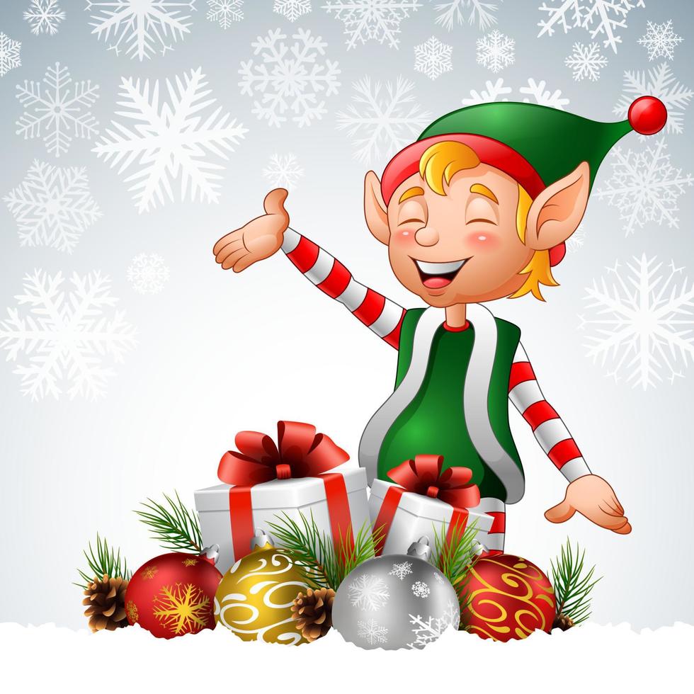 Cartoon funny elf with gift boxes vector