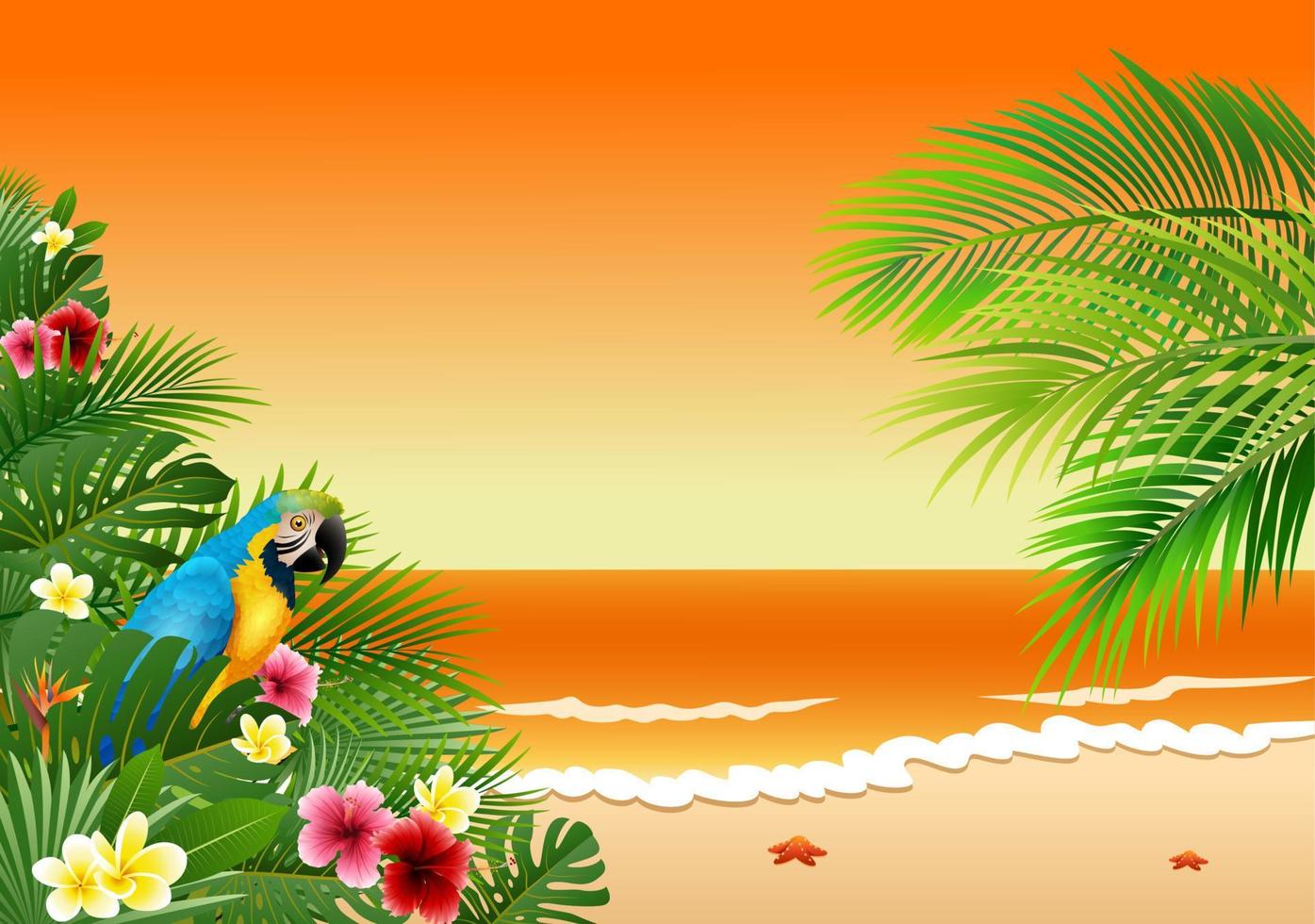 Card with tropical beach, tropical plants and parrot vector