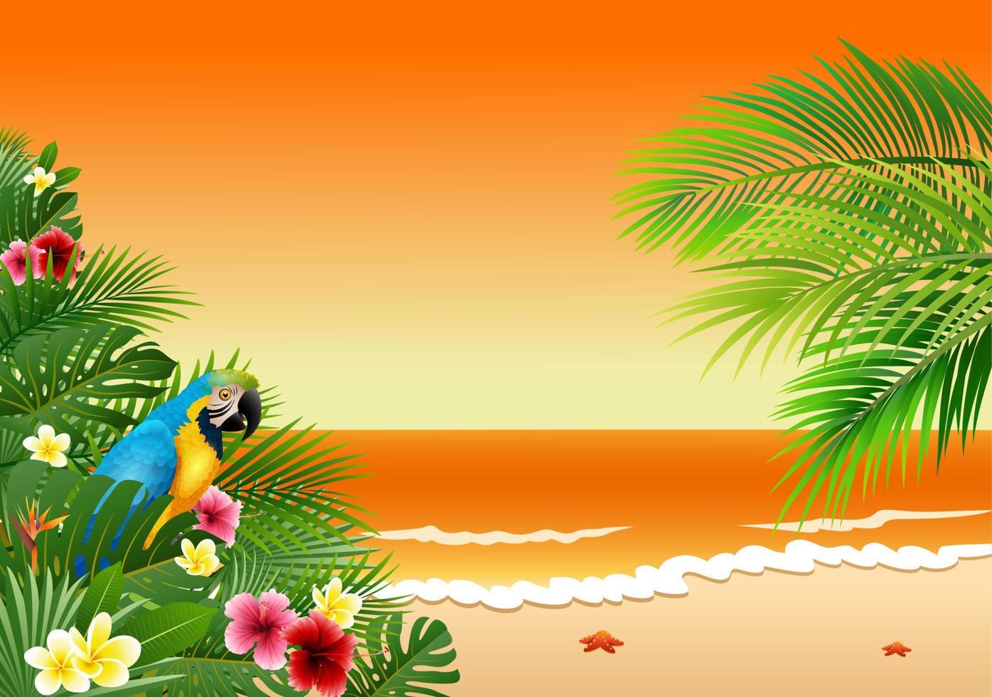 tarjeta con playa tropical, plantas tropicales y loro vector