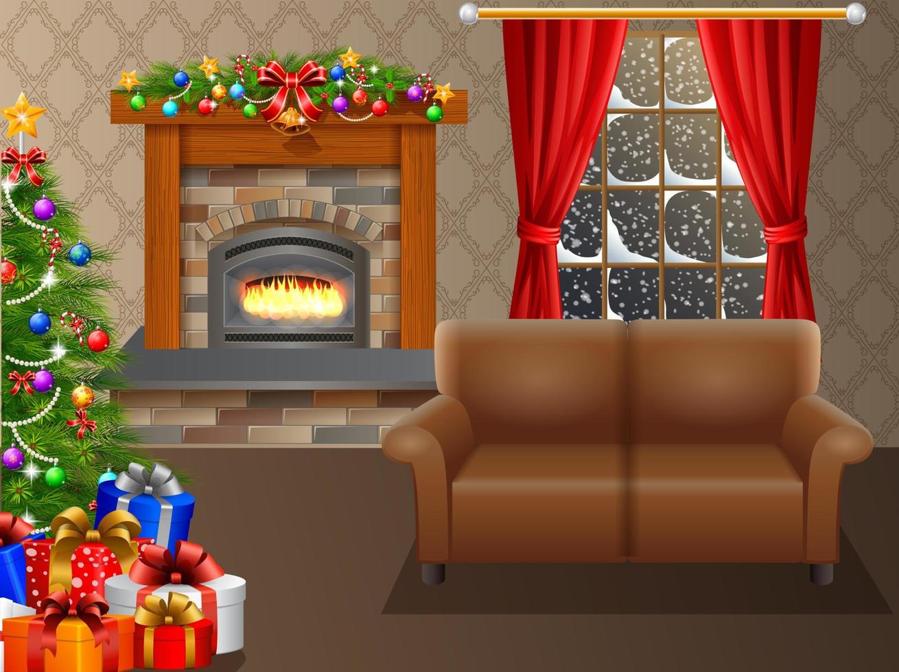 Fireplace and Christmas tree with presents in living room vector