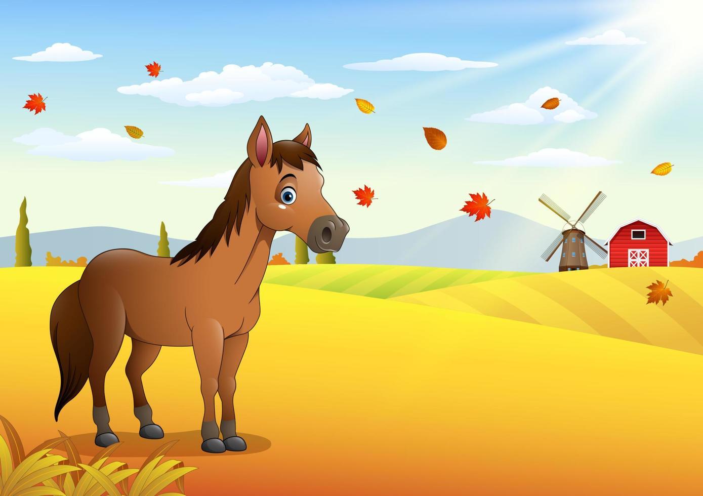 caballo marrón de dibujos animados en el clima de otoño vector