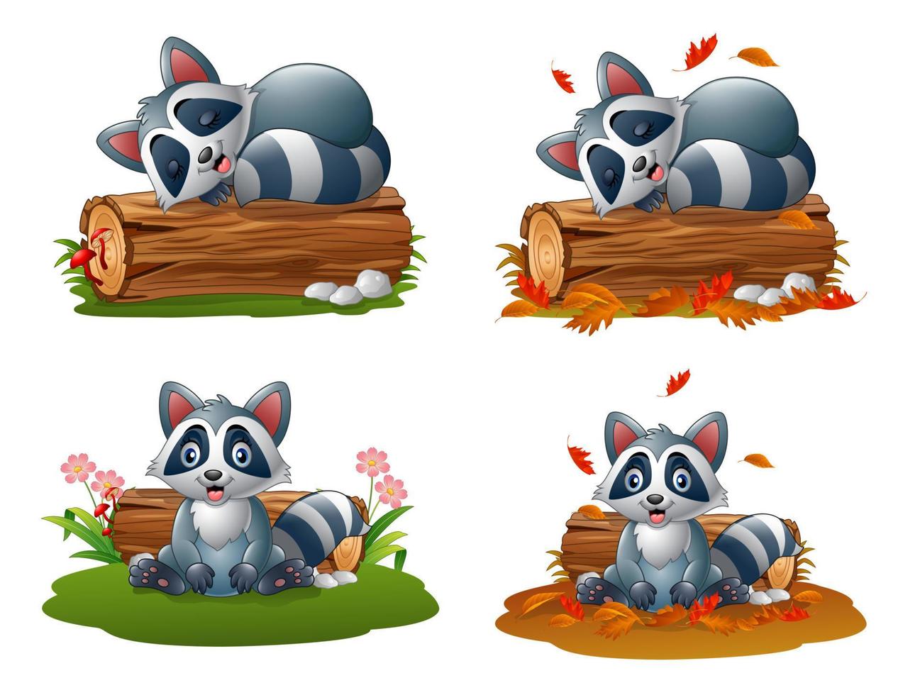 Cute cartoon raccoon collections set vector