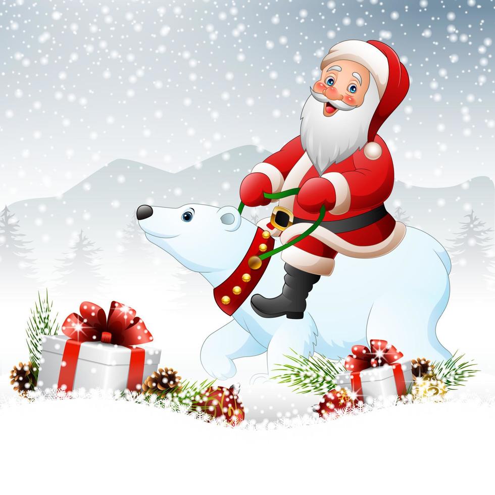 Christmas background with Santa Claus riding polar bear vector