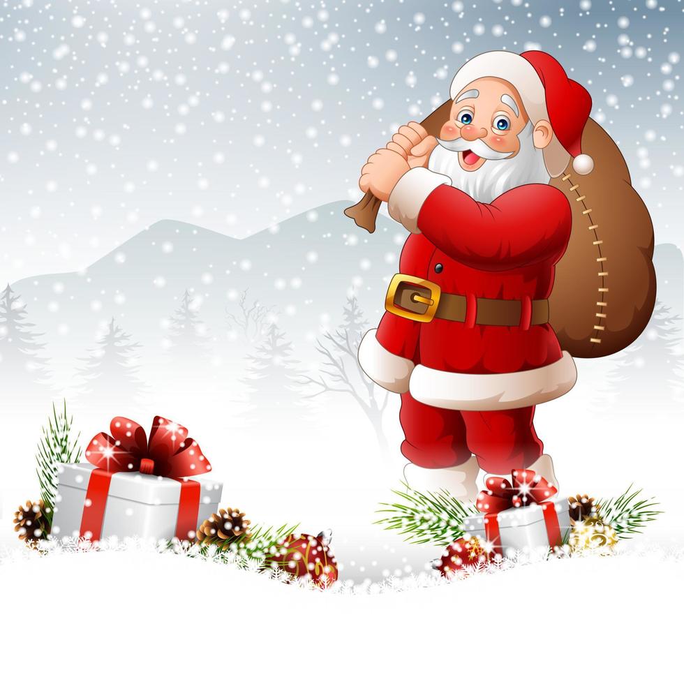 Christmas background with Santa carrying bag vector