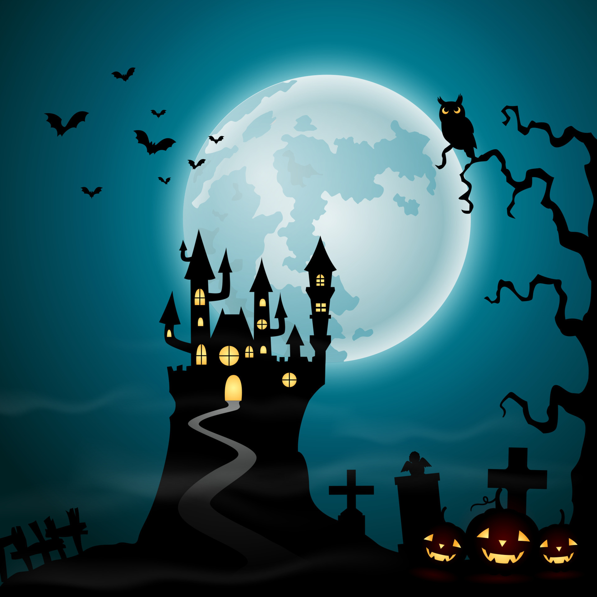 Halloween night background with zombie walking, pumpkins, castle and ...