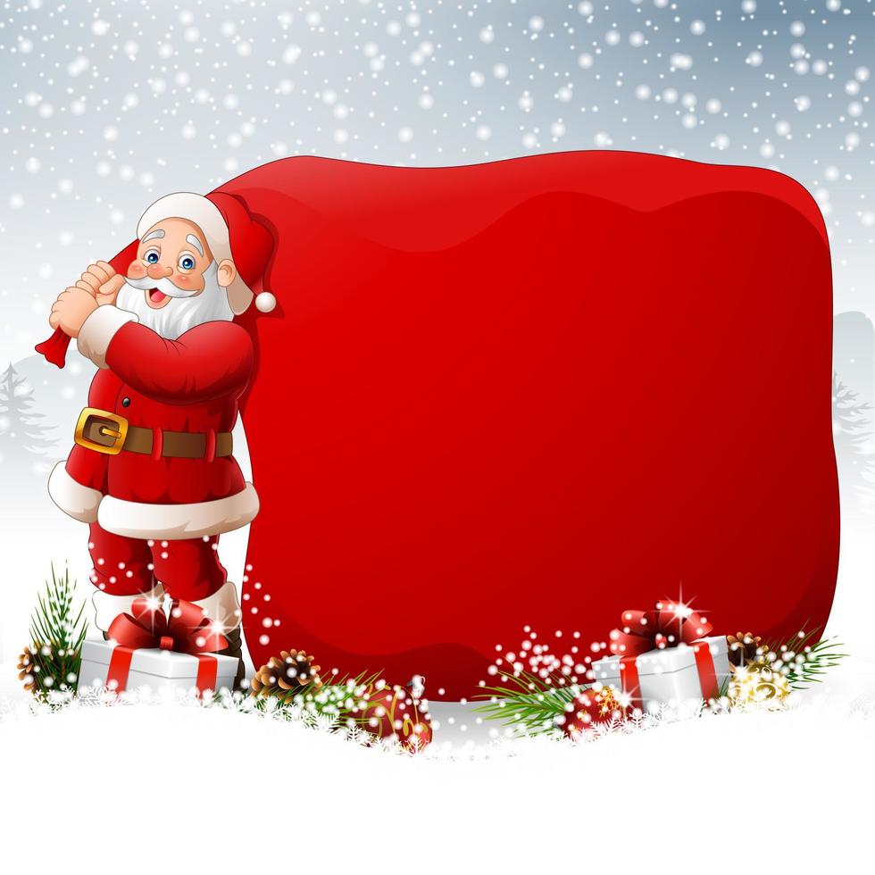 fondo de navidad con santa tirando de una bolsa enorme vector