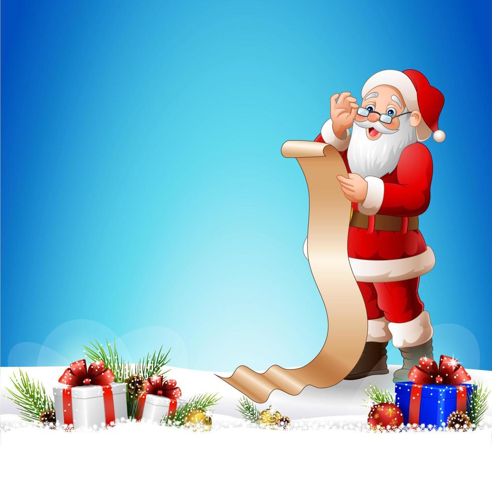 fondo de navidad con santa claus leyendo una larga lista de regalos vector